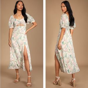 Lulus Thriving Moment White Floral Print Puff Sleeve Cutout Midi Dress M